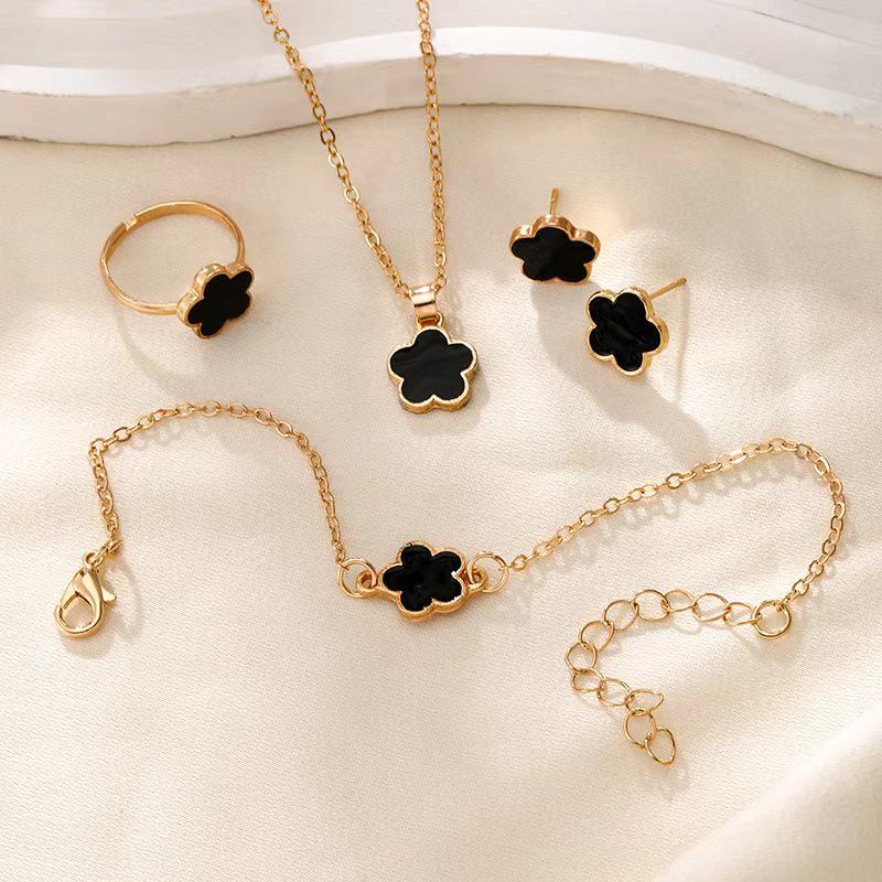 Korean Five-Leaf Clover Jewelry Set for Women: Necklace, Bracelet, Ring, and Earrings