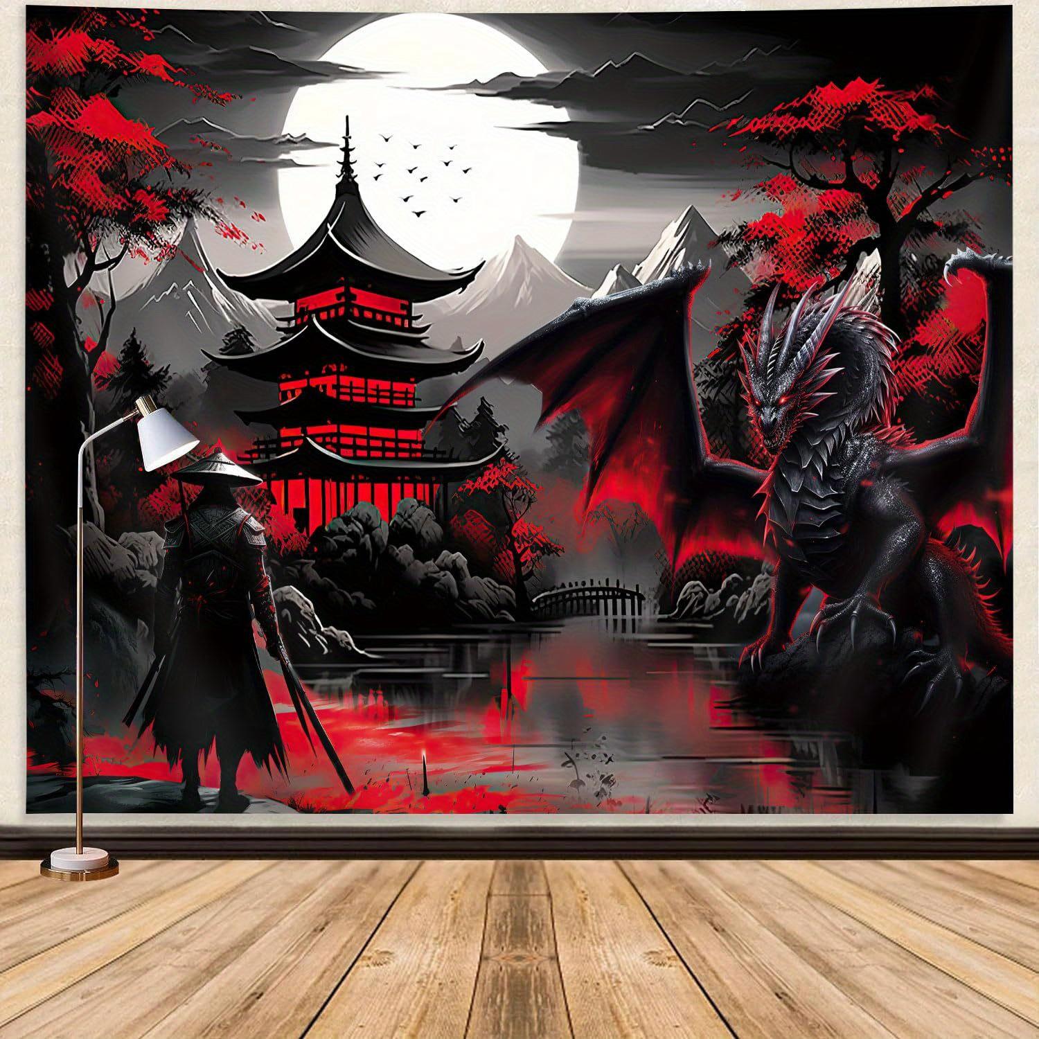 VIKAMA Oriental Dragon Soul Tapestry Living Room Room Decoration Full Moon Gutta Ink Martial Arts Energy Field 74x94cm(29x37in)