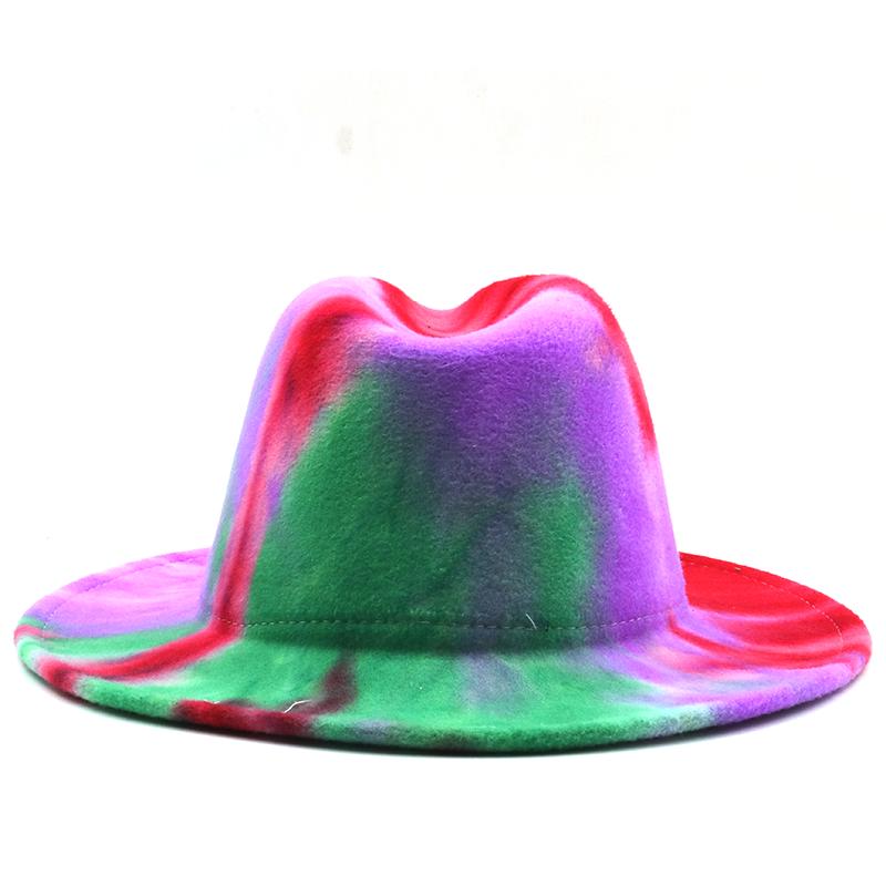 Kapelusze fedora kobiety mężczyźni szerokie rondo Tie Dye jesień zima kobiety kapelusze vintage fascinator wielokolorowy niebieski zielony biały filcowy kapelusz mężczyźni