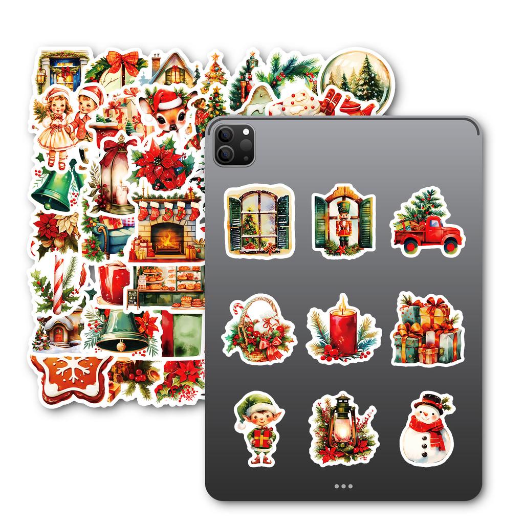 50 PCS Vintage Christmas Stickers - Holiday Decals for Phones, Luggage, Party Decor