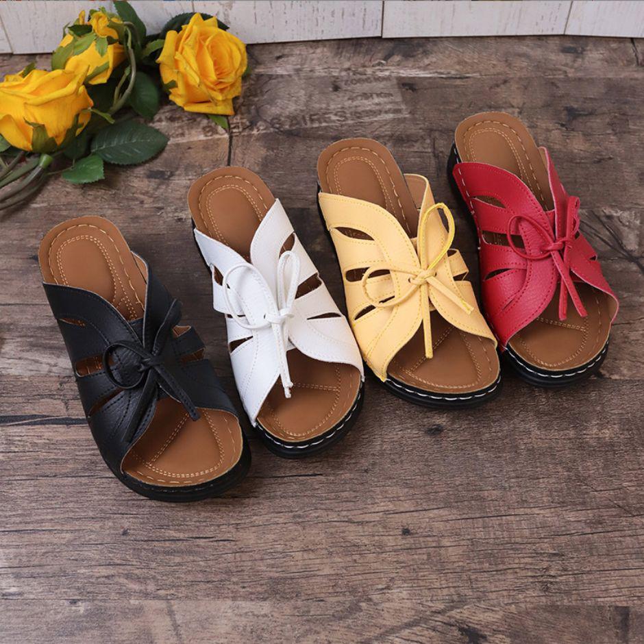 2024 Women's Wedge Heel Roman Slippers with Bow, Thick Sole, Lightweight, Plus Sizes Available.