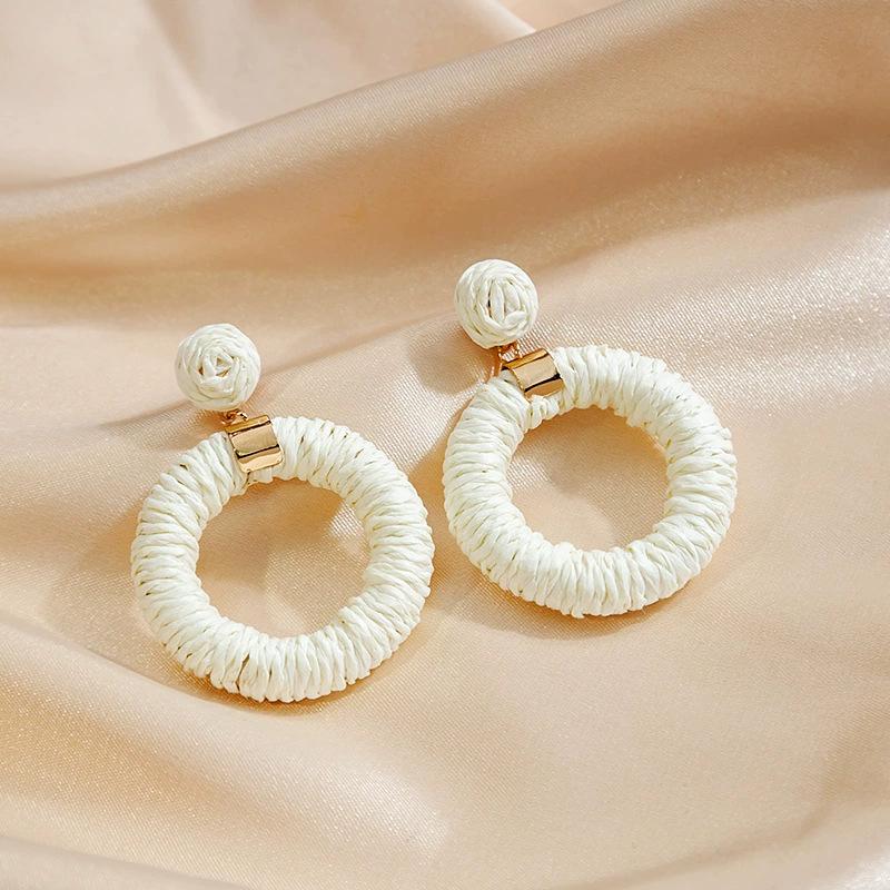Simple Niche Design Earrings, Beach Vacation Wind Woven Earrings, Straw Woven Hollow Round Exaggerated Personalized Earrings
