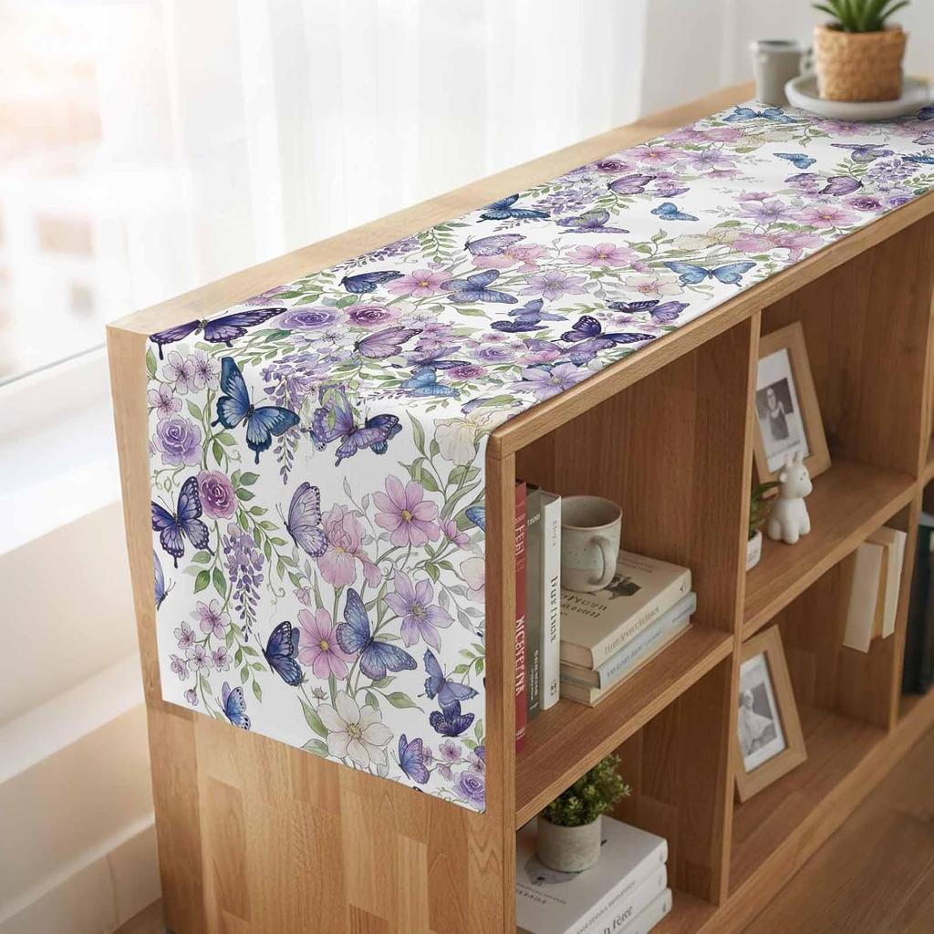 Watercolor Flower Butterfly Linen Table Runner Party Decor Reusable Farmhouse Kitchen Dining Table Runner Wedding Decorations