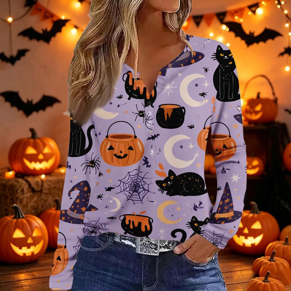 Womens Casual Long Sleeve V Neck Button Down Top Halloween Print Pullover Shirt Lightweight Comfortable Fit