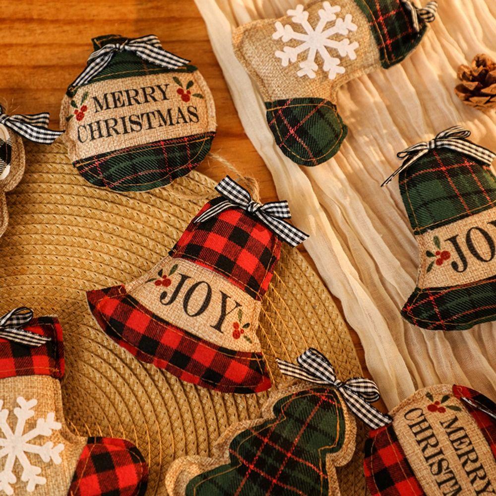 Handmade Christmas Linen Plaid Hanging Decor Xmas Bells Ball Decorations  Hotel Office Decor