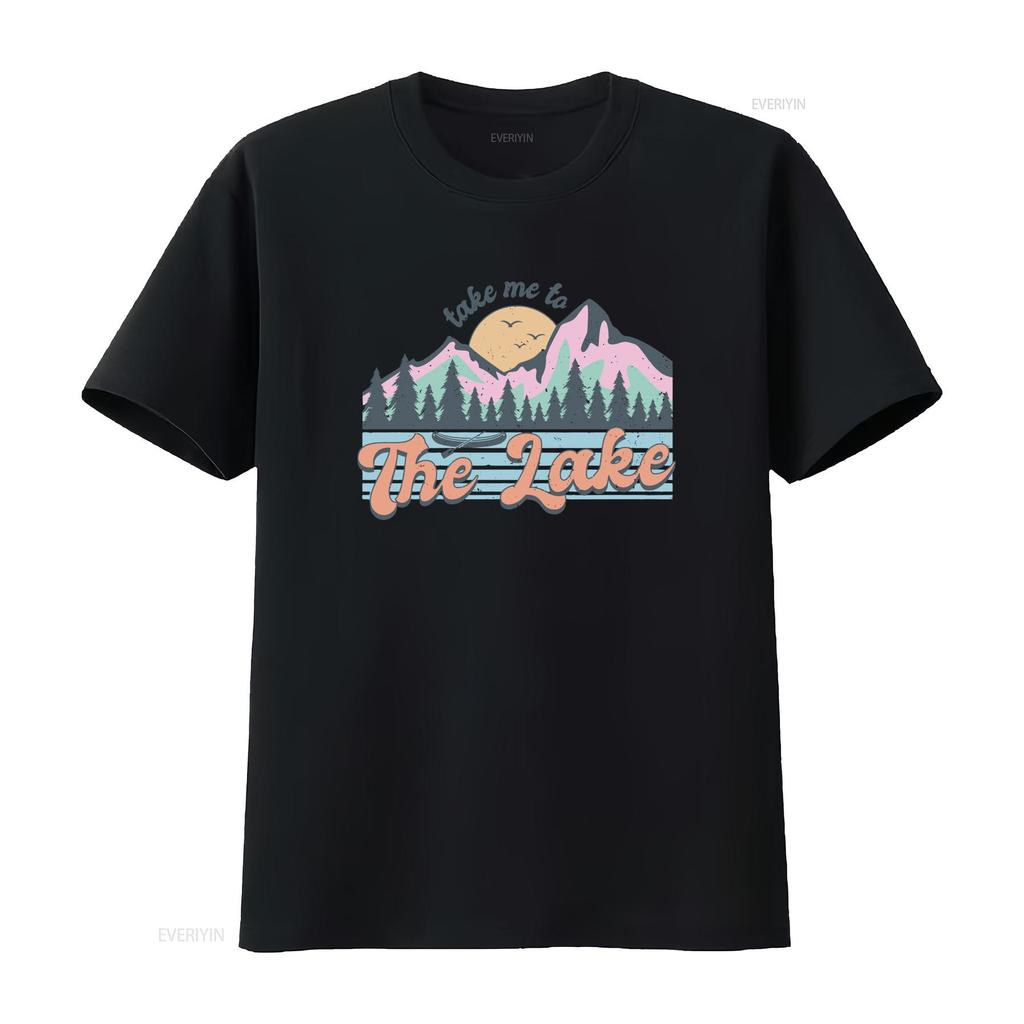 Retro Vintage Take Me To The Lake Mountain Sunset Nature Outdoor Casual Print T Shirt Vintage Washed Designer Clothes Stylish