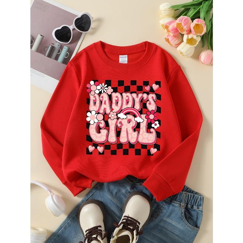Girls' Soft Crewneck Sweatshirt Daddy'S Girl Pink Floral Checkered Print Design with Cute Creative Print, Casual All-Match for Fall Winter