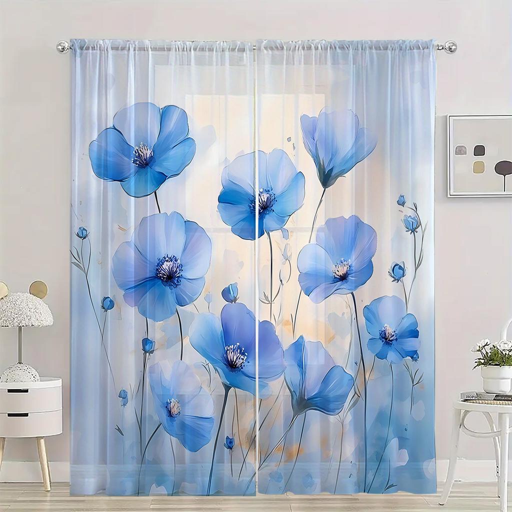 2 Pieces Hd Digital Blue Flowers Printed Window Screen Home Decor Style Decoration Living Room Window Curtain