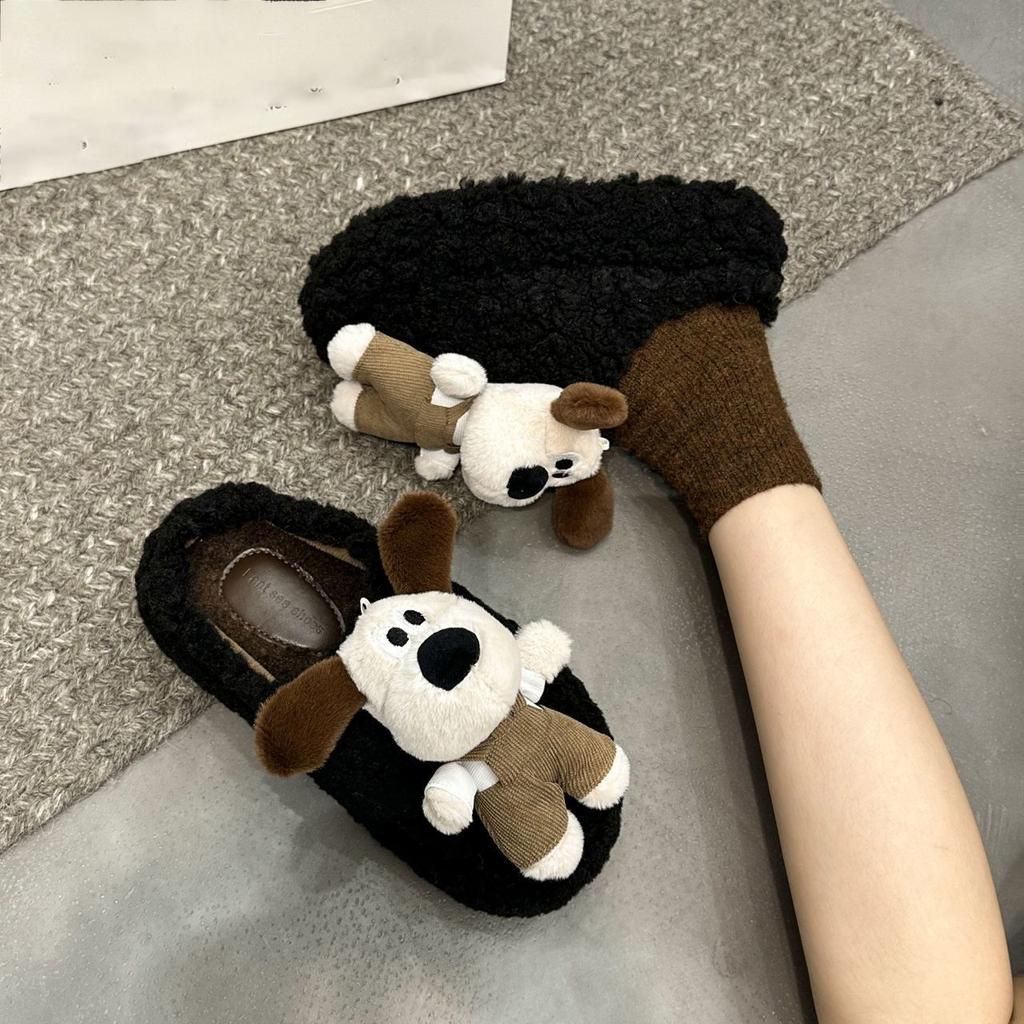 Cute cartoon bag head fluffy slippers women's outer wear 2025 autumn and winter new thick-bottomed plush cotton mop fleece half slippers