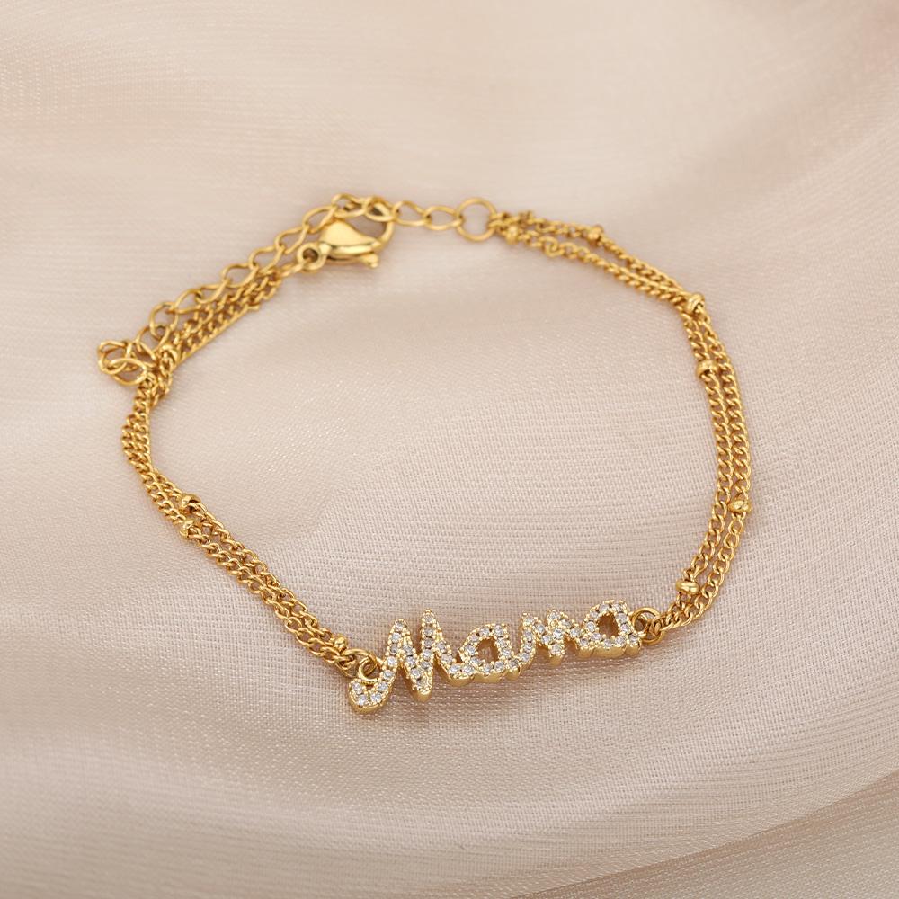Zircon Letter Mama Bracelets For Women Stainless Steel Double Bead Link Chain Family Love Bracelet Femme Mother Jewelry Gift