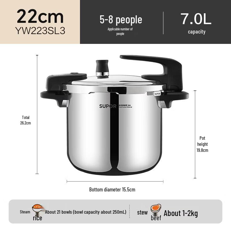 

Supor 7L 304 Stainless Steel Pressure Cooker with Standable Lid