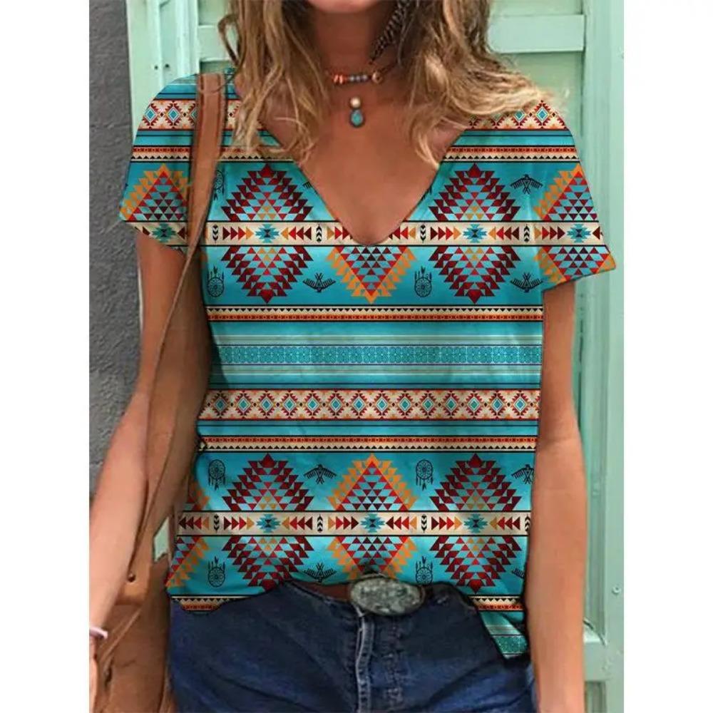 Summer 3d Printed T-shirt Women's Ethnic Style Retro Street T-shirt Women's V-neck T-shirt Quick-drying and Breathable