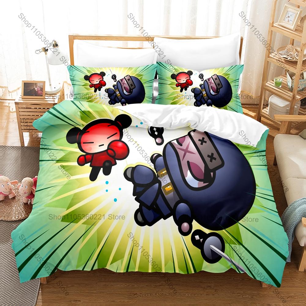 Kawaii Pucca Character Print Duvet Cover + 2 Pillowcases, Cozy Microfiber Bedding Set Perfect as Surprise Gift Anime Enthusiasts