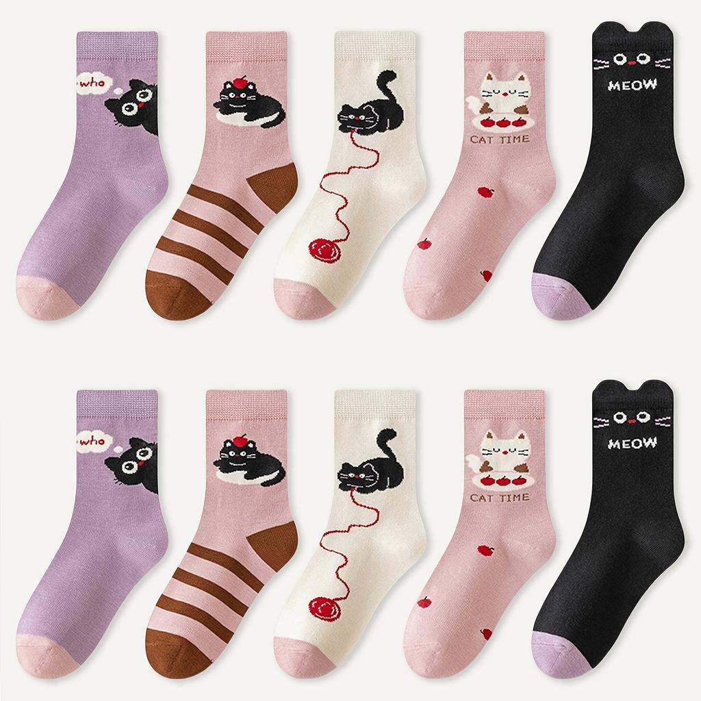 5 Pairs of Kidsren's Socks Cartoon Cute Kitten Stripesd Pattern All Year Round Baby Boy and Girl Matching Cat Mid-Calf Socks Suitable for Daily Life