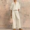 Women's Pink Short Sleeve V-Neck Zipper Front Drawstring Waist Wide Leg Pants Set