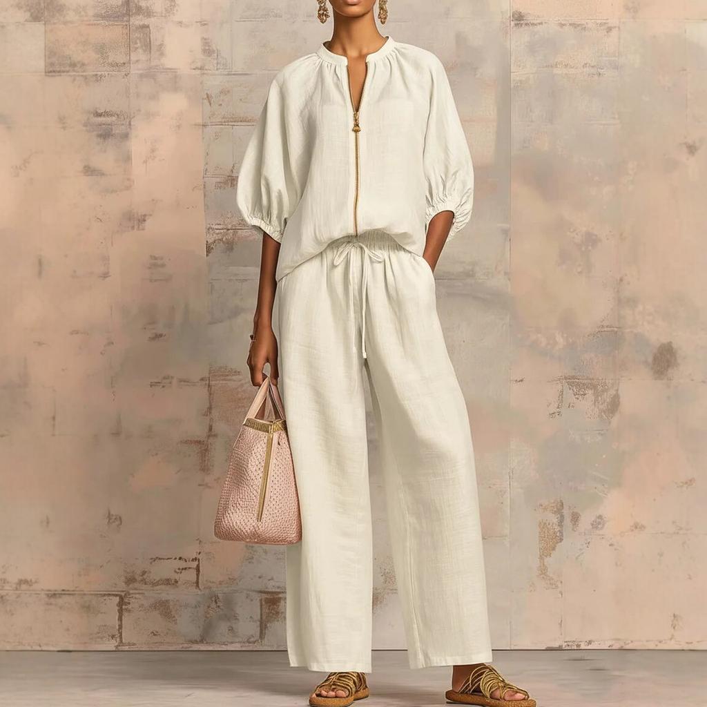 Women's Pink Short Sleeve V-Neck Zipper Front Drawstring Waist Wide Leg Pants Set