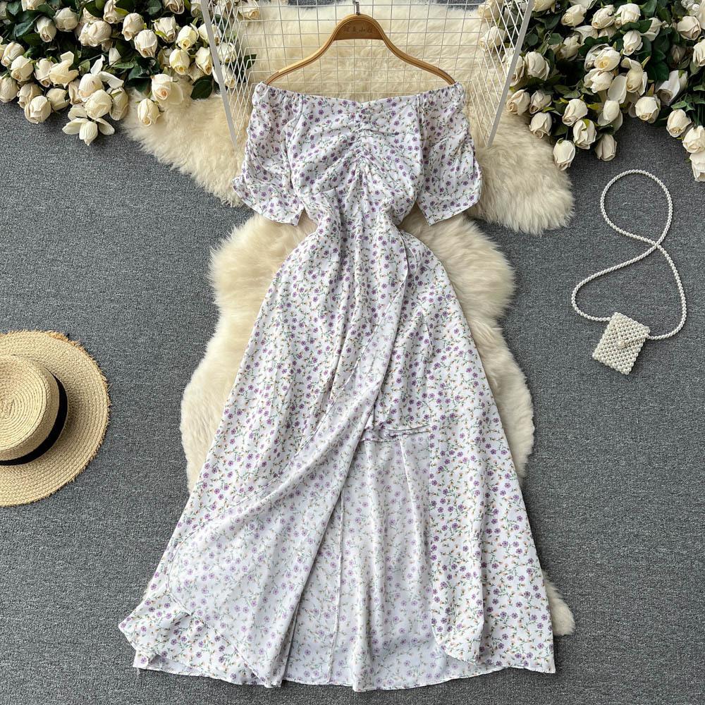 Blumenkleider Damen Sommer Französische Eustoma Ein Schulter Kurze Ärmel Teepause Schlitz Knielang Kleid