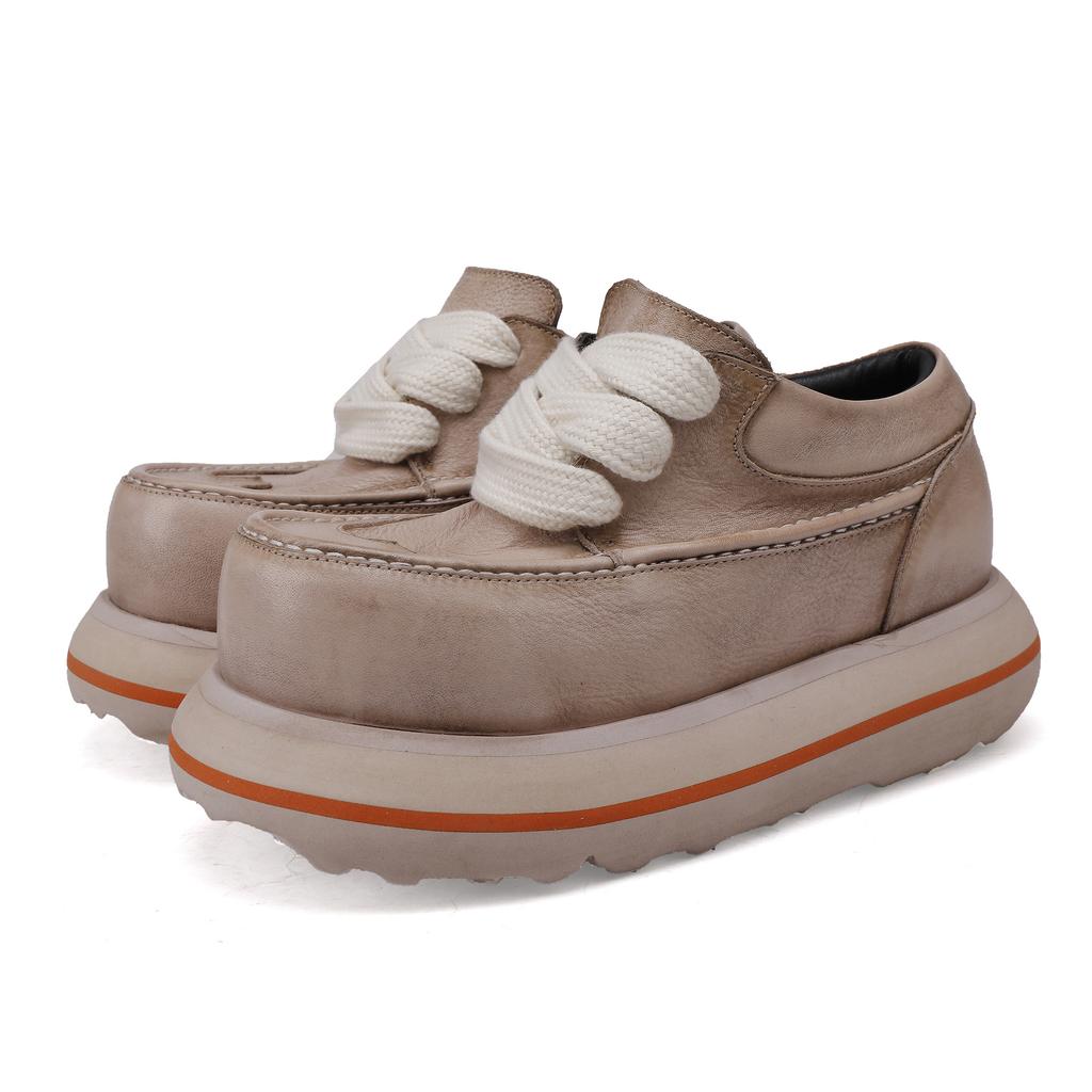 Johnature Genuine Leather Thick Soled Height Increasing Shoes Retro Lace Up Versatile High-heeled Pumps