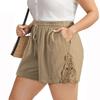 Women Drawstring Elastic Waist Casual Shorts with Crochet Lace Trim Pockets Relaxed Fit Summer Lightweight Bottoms