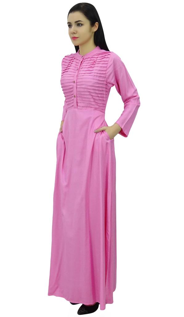 Bimba Women's Long Sleeve Maxi Mandarin Collar Plain Jilbab Dress With