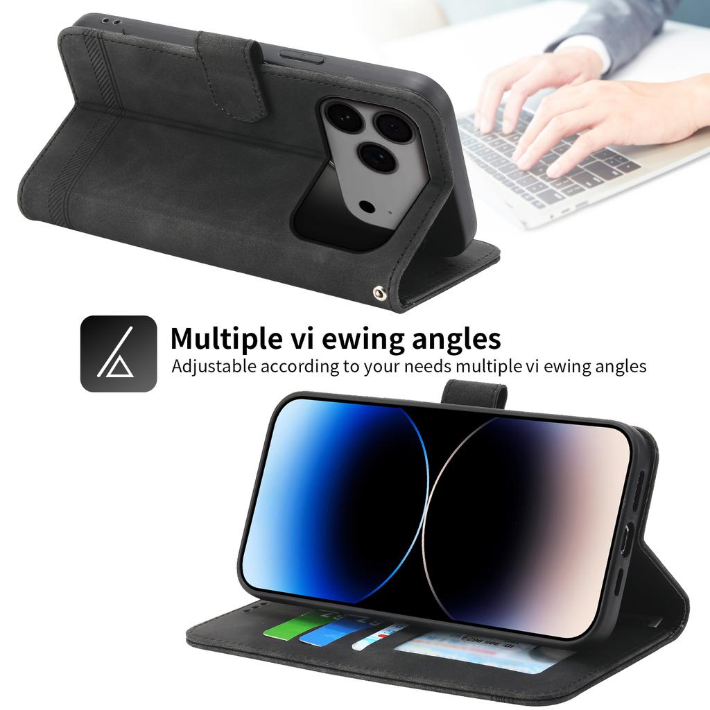 DIERFENG DF-03 Pro iPhone 17 Pro Max Pouzdro Vroubkovaný Vzor Peněženka Kožený Kryt na Telefon s Poutkem na Zápěstí