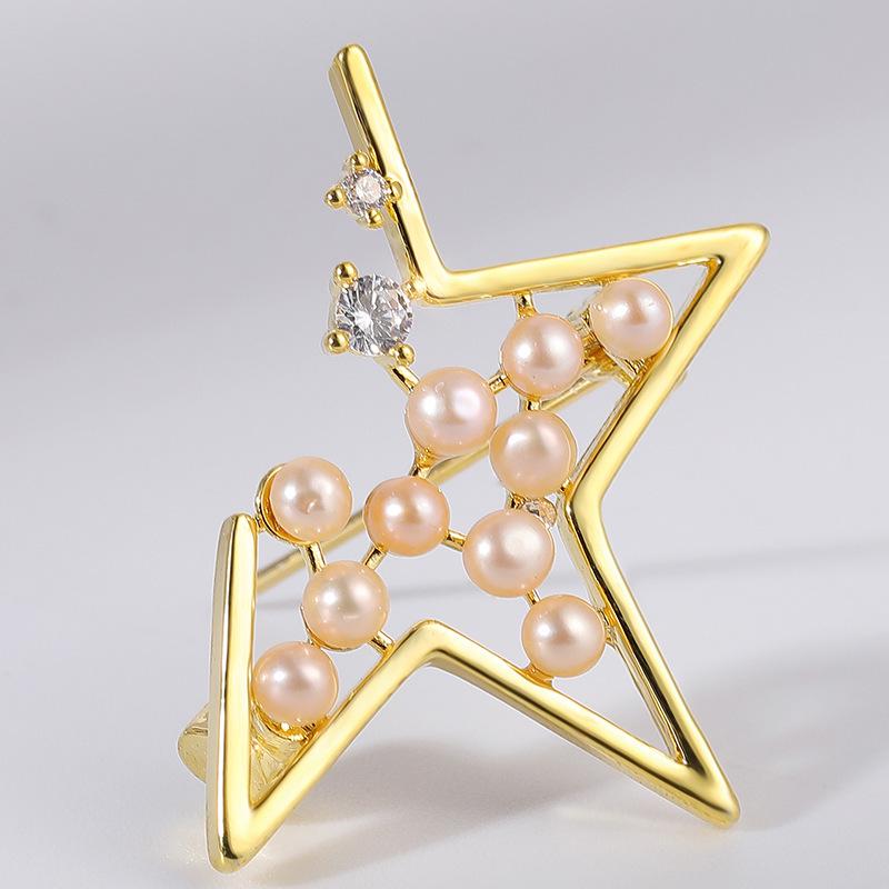 Elegant Five-Pointed Star Pearl & Zircon Brooch - Fashionable Clothing Accessory