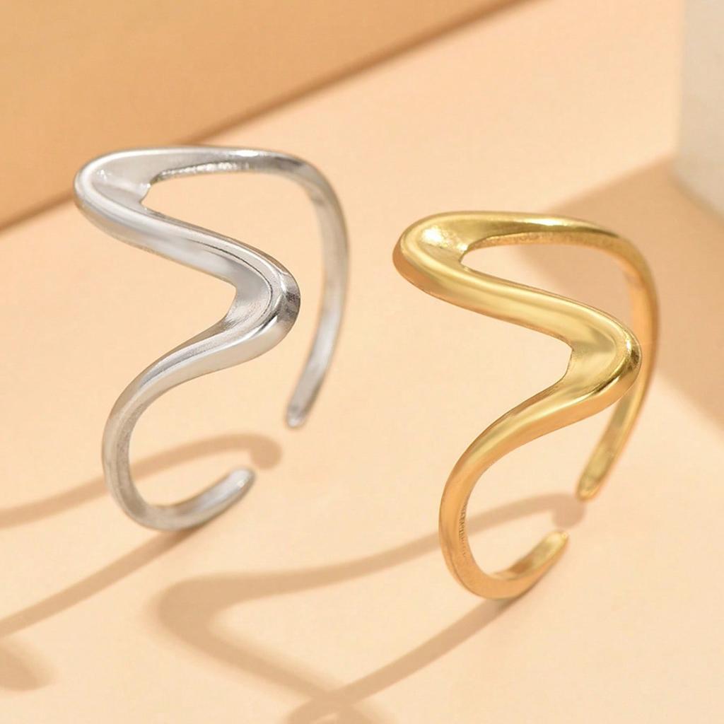1 Pair Of Personalized Irregular Curve Opening Rings, Stainless Steel Adjustable Rings, Simple And Versatile Commuting Accessories