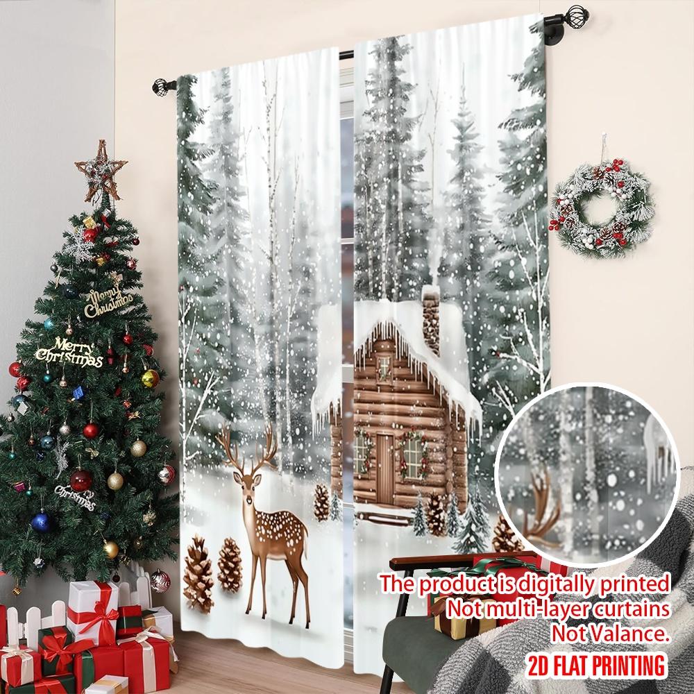 2pcs 2D Flat Printing Merry Christmas Curtains Winter Forest and Deer Christmas Digital Printed Polyester Drapes Spring Perfect