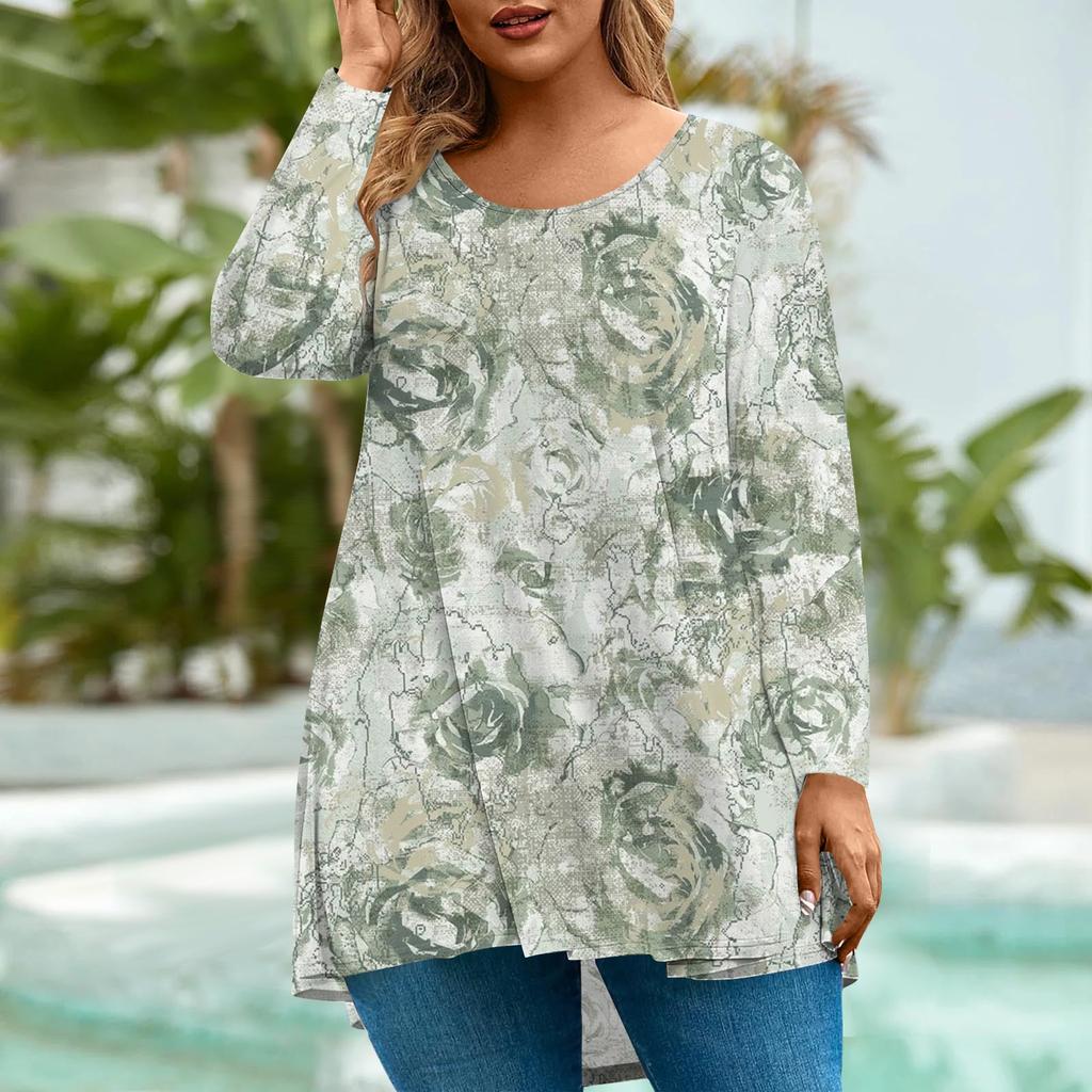 Women's Fashion Large Size Round Neck Long Sleeve Casual Print Loose Pullover Top