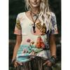 Womens V-Neck Short Sleeve Loose Fit T-Shirt With Floral Lake Scene Cartoon Bun Girl Print 2025 Casual Top
