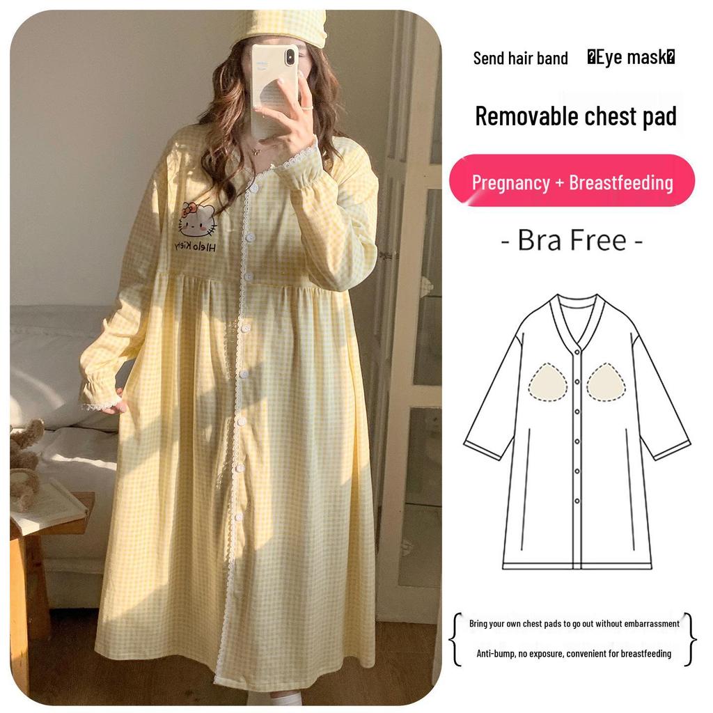 Plus Size Maternity Nightgown with Breast Pads for Postpartum, Spring, Summer, Autumn; Comfortable Labor Dress for Pregnant Women