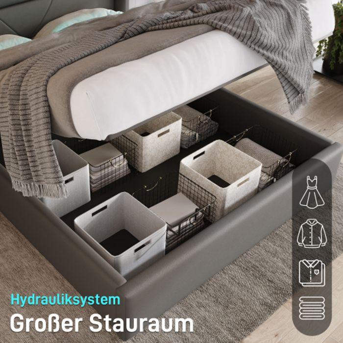 Hydraulisches Bett mit Stauraum - MUVOE - 160x200 cm - LED-Kopfteil - Weißes Leder - 2 Personen