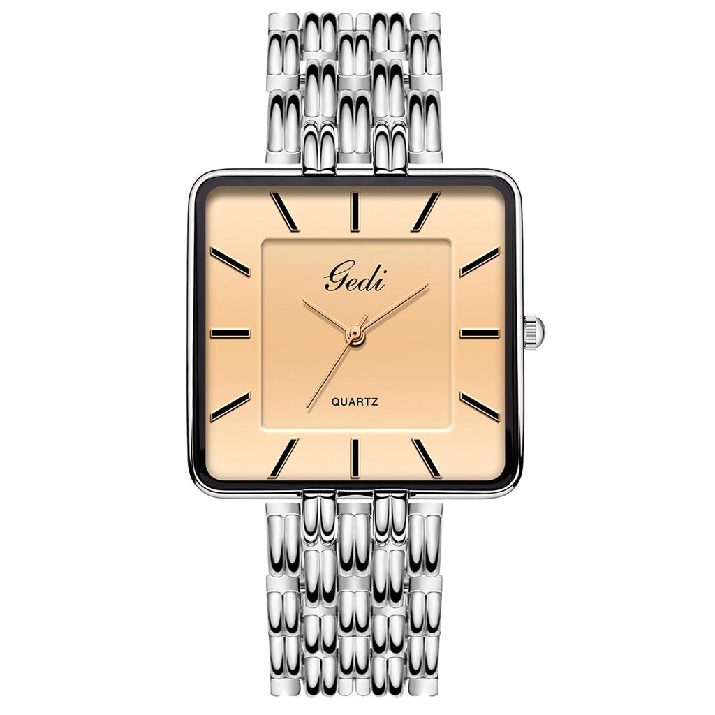 Gedi Retro Women's Square Dial Quartz Watch with Steel Band - Versatile Waterproof Wristwatch for Daily Commute and Work.
