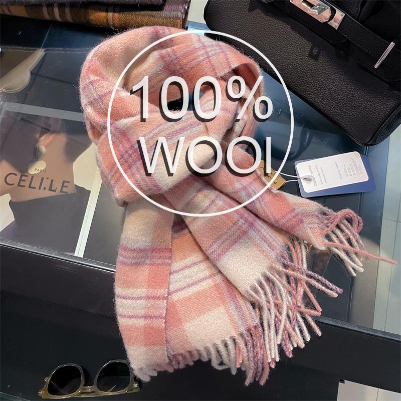Luxury Winter 100% Wool Scarf Women Plaid Cashmere Handkerchief Warm Pashmina Female Shawl Pareo Soft Bufanda British Korean