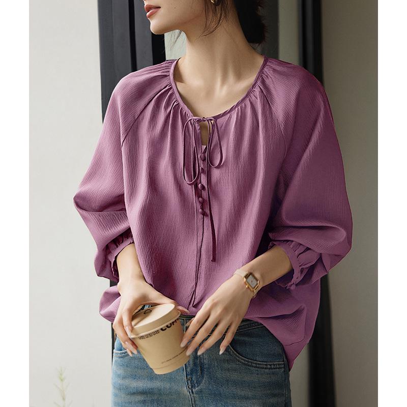 

2024 Женская приталенная рубашка с длинным рукавом и французскими складками - Мода весна и осень Extra Large темно-фиолетового