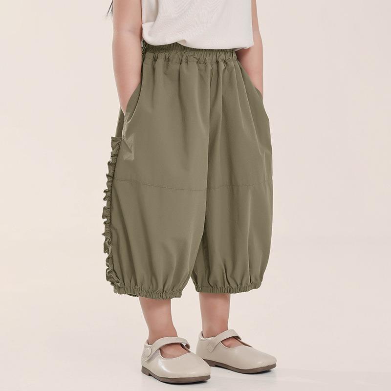 Girls Kids Thin Cropped Lace Trim Casual Anti Mosquito Summer Pants