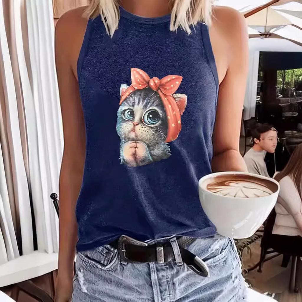 Cat-printed Women's Round-neck Vest for Spring and Summer Casual Sleeveless Top