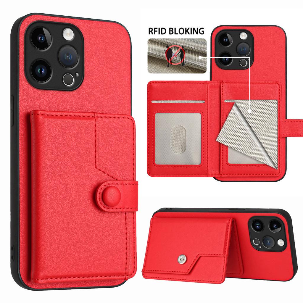 For iPhone 15 Pro Max Case RFID Blocking Card Holder Kickstand TPU + PU Leather Phone Back Cover