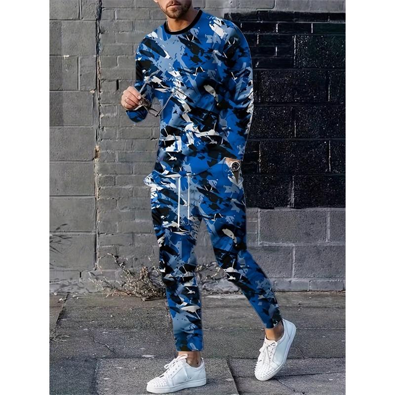Men's Fashion Graffiti Novelty Pajamas Loungewear Set Autumn Men's Daily Casual Long-sleeved T-shirt Street Fashion Pants
