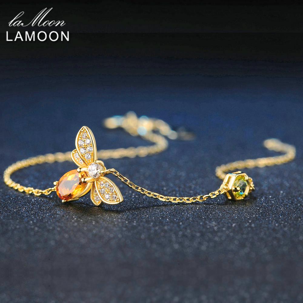 LAMOON Браслет Пчела Для Женщины Цитриновые Камни Браслеты 925 Серебро 14K Позолота Дизайнерские Украшения Для Любимой LMHI002