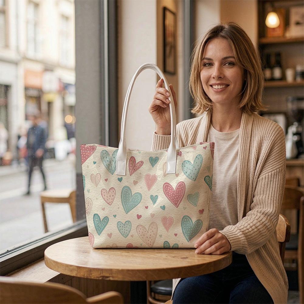 Sweet Heart Pattern Tote Bag Fashion Casual Lightweight Portable Daily Shopping Shoulder Bag for Women Girls