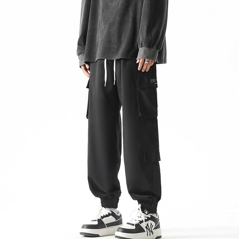 Casual Pants Men's Spring and Autumn Loose Tied Feet Versatile Tooling Large Size Thin More Pockets Elastic Waist Solid Color Cyan