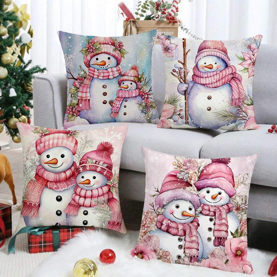 1pc Pink Christmas Cushion Cover Snowman Print Pillowcase Durable Cover 2025 New for Home Ornament Xmas New Year Christmas Decor