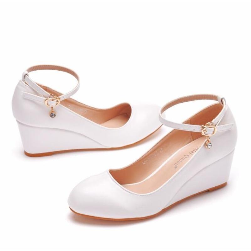 White Flower Pumps New Shallow Mouth Womens Wedding Shoes Bride High Heels Shoes For Woman Ladies Party Dress Shoes Wedge Heels