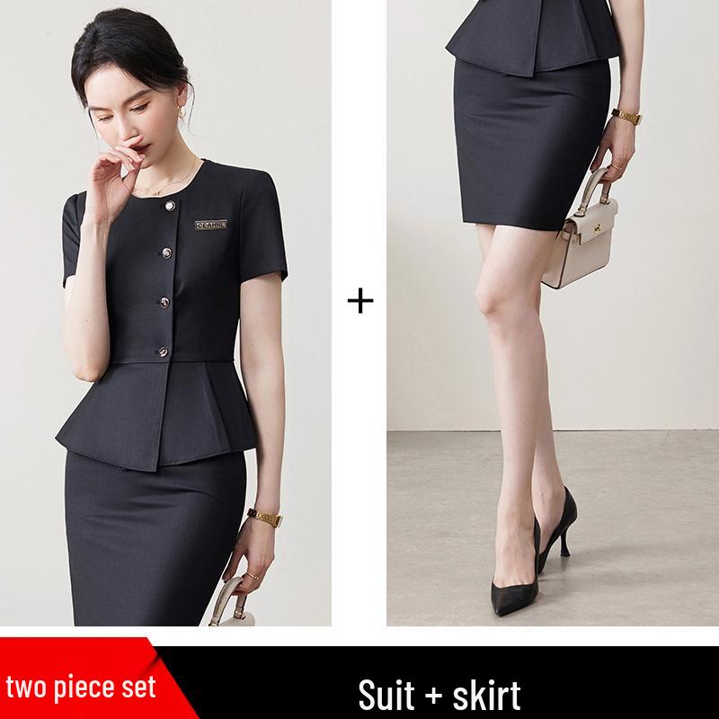 Women's Professional Ruffled Suit Set - Short-Sleeved, Cinched Waist for Hotel Reception Businesswear