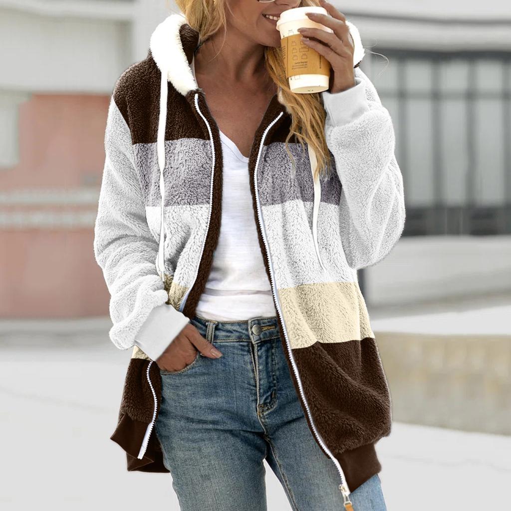 Women Color Block Fuzzy Fleece Hooded Jacket Full Zip Long Sleeve Plush Coat Casual Warm Outerwear S-5XL