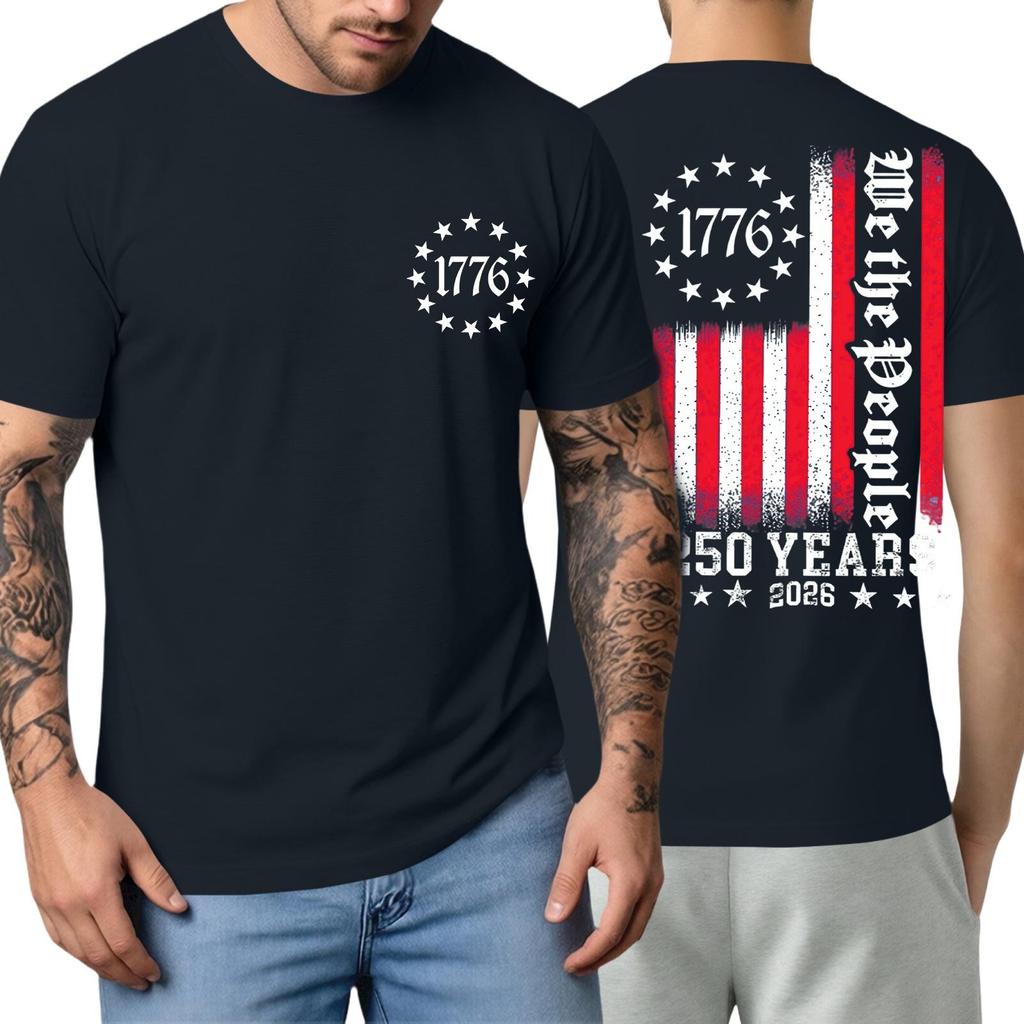 Men's Short Sleeve T Shirt Casual Crewneck Top with 1776 Letter Print and Vertical Stripe Graphic for Everyday Wear 250 Years Edition