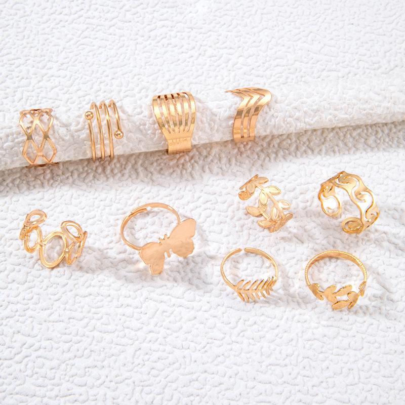 New Ins Wind Butterfly Metal Ring Set Personalized Leaf Geometric Ring Multi-piece Set