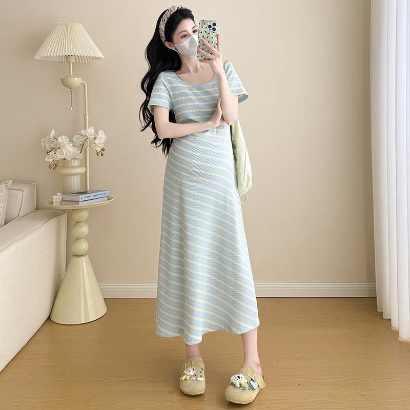 2026 Summer Maternity Striped Knit Dress, Short Sleeve & Versatile L