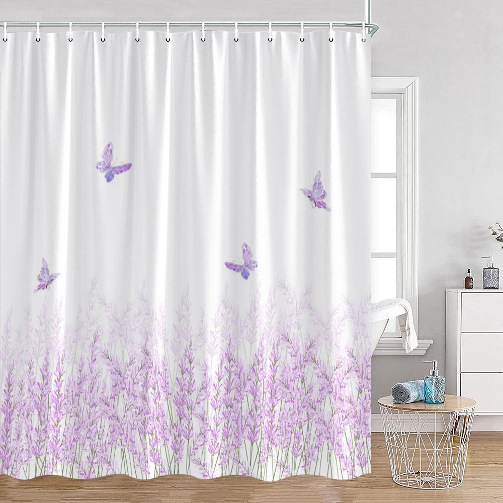 Watercolor Flowers Butterfly Shower Curtains Green Leaves Plants Colorful Floral Bathroom Decorations Polyester Fabric Bath Curt